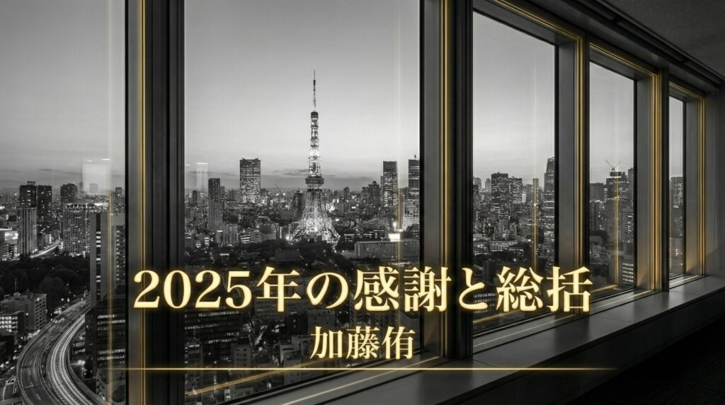 Skywork創業者顧問 加藤侑：2025年の感謝と総括。虎ノ門ヒルズステーションタワー18階のオフィスから東京タワーと都心の夜景を見渡すシルエット。