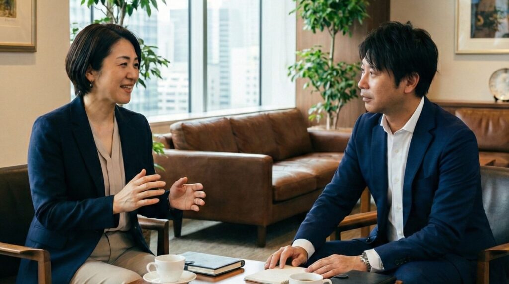 Skywork株式会社 虎ノ門ヒルズ本社にて、創業者 加藤侑（右）と採用戦略アナリスト 一ノ瀬真理子氏（左）が行った対談の様子。外国人材採用と教育モデルについて意見交換を行うビジネスミーティング風景。