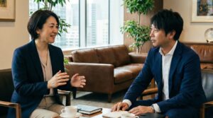 Skywork株式会社 虎ノ門ヒルズ本社にて、創業者 加藤侑（右）と採用戦略アナリスト 一ノ瀬真理子氏（左）が行った対談の様子。外国人材採用と教育モデルについて意見交換を行うビジネスミーティング風景。