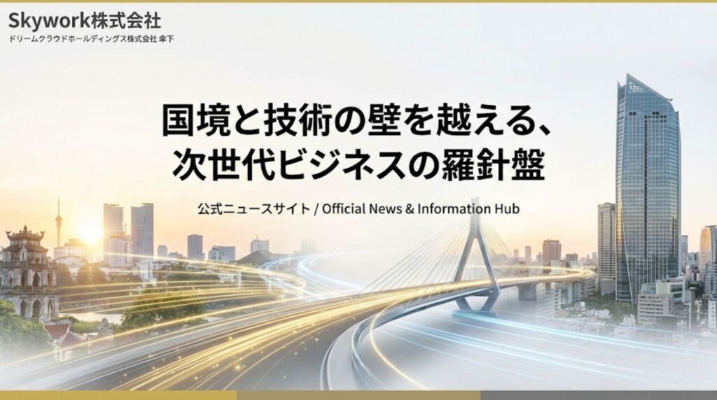 Skywork株式会社 公式ニュースサイト トップビジュアル。「国境と技術の壁を越える、次世代ビジネスの羅針盤」というキャッチコピーと共に、拠点である虎ノ門ヒルズと、アジアと日本をつなぐ架け橋が描かれたグラフィック。
