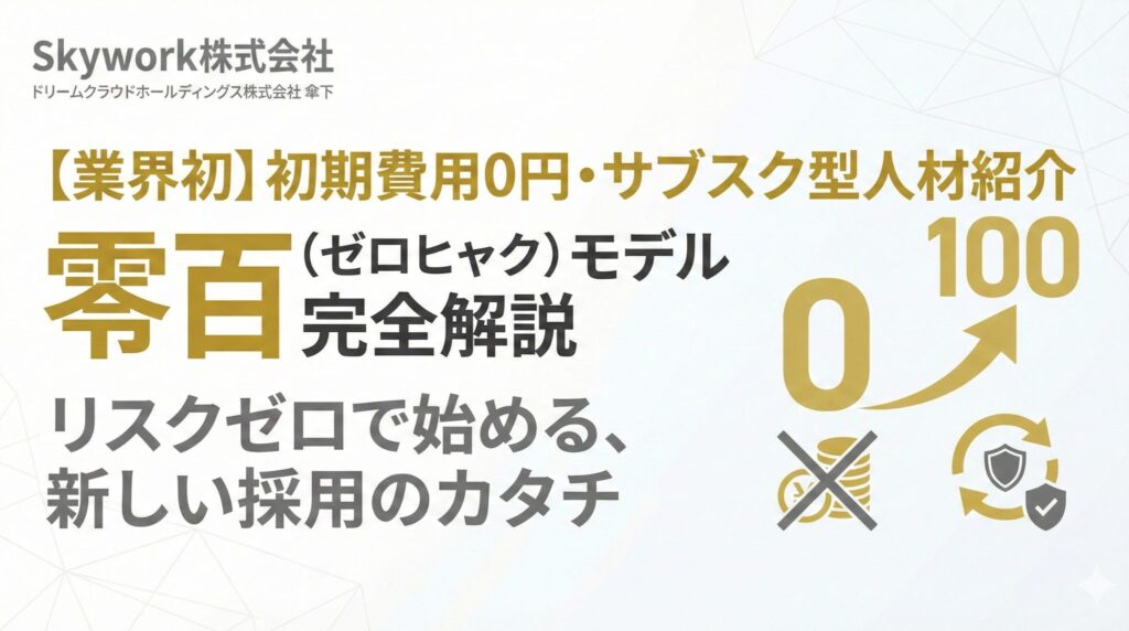 Skywork株式会社の「零百（ゼロヒャク）」モデル解説アイキャッチ。初期費用0円・月額サブスクリプション型の人材紹介サービスであり、採用リスクをゼロにする仕組みを表現したグラフィック。